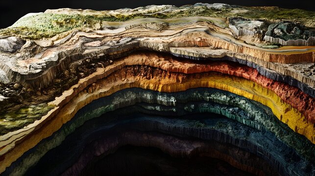 Detailed cross section of colorful geological strata revealing earth layers and subterranean rock formations in a dramatic display