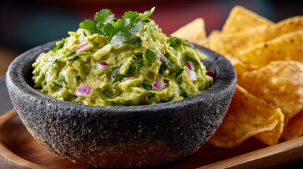 Guacamole in a stone bowl served with tortilla chips.