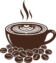 Monochromatic Coffee Mug Latte Art and Beans Vector