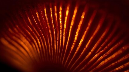 Close-up of vibrant mushroom gills glowing in forest shade.