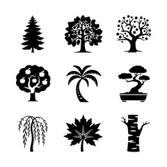 Tree Icon Set. Vector Design Pack Isolated on White Background. Grunge Stamp Vector Illustration.