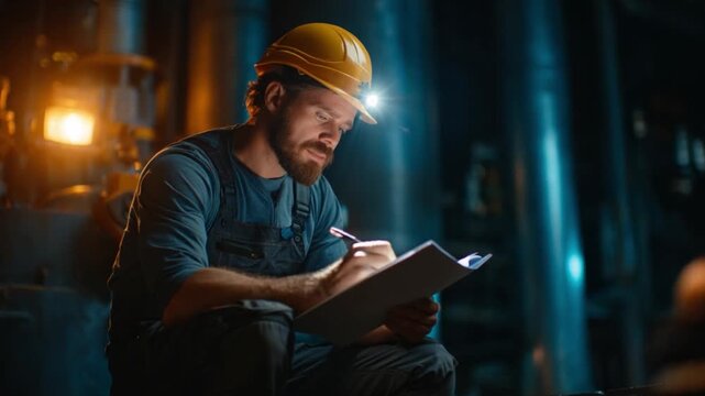 A focused handsome male worker sits on a generator while reading a manual.