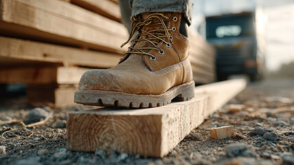 Close-up of a boot balancing on a wooden plank at a construction site.