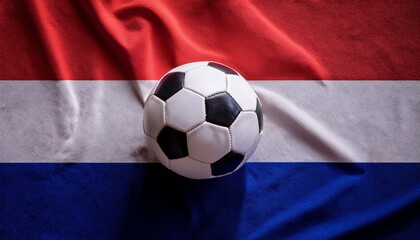 Naklejka premium soccer ball placing on Netherlands flag background