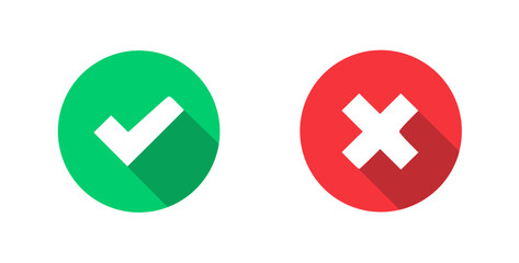 Fototapeta premium Flat checkmark and X circle icons for confirm and deny buttons used in apps and websites, simple choice symbols for checklist, approval, and selection UI.