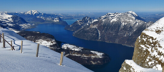 Lake Vierwaldstaettersee in winter, Mount Rigi and Pilatus, seen from Fronalpstock, Stoos, Switzerland.