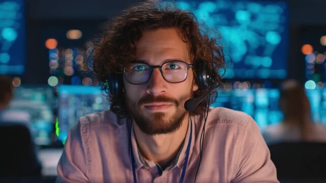 A handsome male engineer monitors streaming throughput in a network operations room during lunchtime, demonstrating high-tech cloud-based learning solutions.