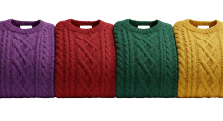 four vibrant cable-knit woolen sweaters (amethyst, hunter, crimson, mustard) folded side-by-side on a white reflective surface. high-end catalog product concept