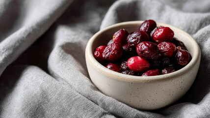 Bowl of dried cranberries on textured fabric background.