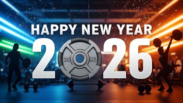 Happy New Year 2026 fitness banner with weight plate for gym promotions and workout resolutions
