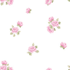 Watercolor seamless pattern with pink roses and green leaves. Soft romantic floral design ideal for fabric, wallpaper, wedding decor, stationery and wrapping paper.