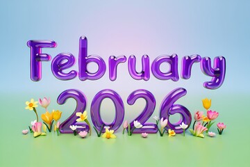 February 2026 Calendar Date and Spring Flowers 3D Render