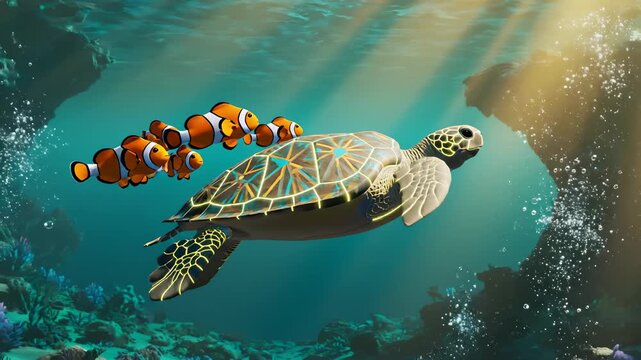 Sea Turtle Swimming Among Clownfish in Turquoise Ocean, 3d Render