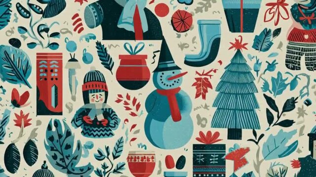 Cozy Winter Christmas Pattern with Snowman Girl Leaves Trees and Gifts