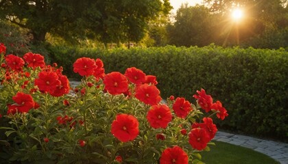 Colorful red flower blooms in a sunlit garden at sunset highlighting natural beauty and tranquility. 2