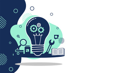 A modern flat vector design illustration depicting a conceptual solution. A dark blue light bulb containing mechanical gears symbolizes innovation, technical strategy, and engineering development. It 