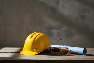 construction concept with protective hard hat and architectural plans indoors