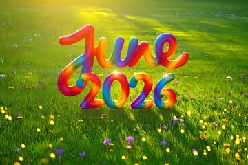 Obraz premium June 2026 3D Text on Lush Green Grass Field with Sunlight and Wildflowers