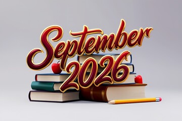 September 2026 3D Typography on Stacked Books with Pencil and Apples