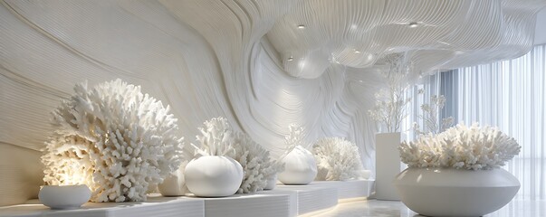 Nautical modern interior with soft wave motifs and white coral sculptures