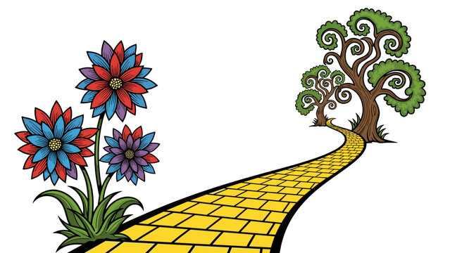 Colorful flowers and tree with yellow brick road white