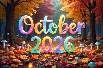 October 2026, Colorful Autumn Forest Scene with Glowing Text and Mushrooms