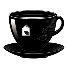 Stylish black cup with herbal tea bag tag sits on matching saucer, creating modern and elegant look against transparent background