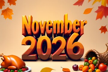 November 2026 3D Text Illustration with Thanksgiving Holiday Theme