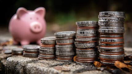 Cute piggy bank sitting on a pile of coins symbolizing savings and financial planning for future investments and goals