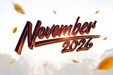 November 2026 Typography with Autumn Theme and Falling Leaves 3D Rendering