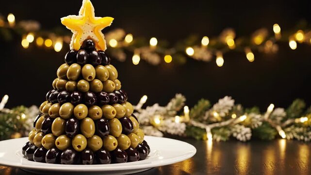 layered olive tree with star and twinkling lights, alternating green and black rows stacked on white plate, garland background adds festive shimmer, holiday chef showcasing creative appetizer.