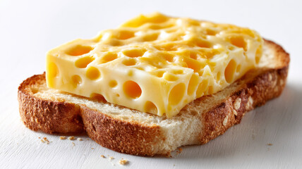 Swiss cheese slice on bread, close-up, snack or sandwich concept.