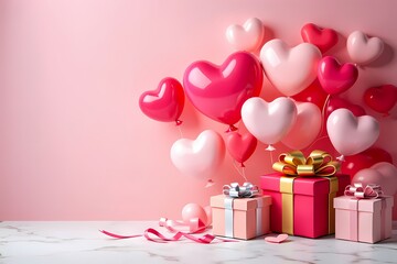 Valentine's Day Gifts and Heart Balloons on Pink Background