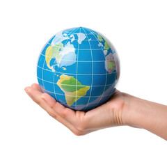 Hand holds globe showcasing continents and oceans with transparent background, symbolizing global awareness and connection