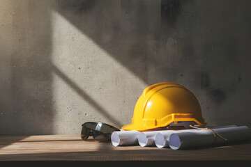architectural planning scene with hard hat rolled drawings and safety glasses