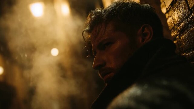 A handsome male looking paranoid and sweating in a dim alleyway at night, with steam rising around him, creating a tense atmosphere.