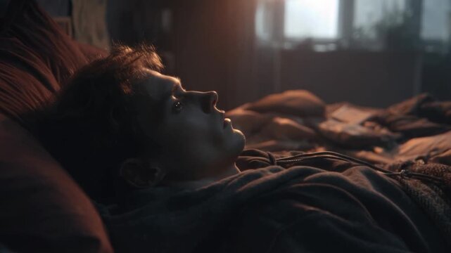 A handsome young man looking visibly depressed while lying on a bed in a dimly lit room