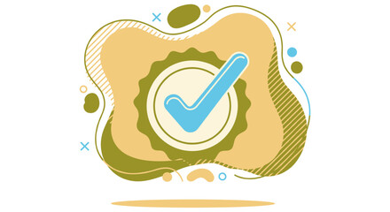 Obraz premium Abstract and modern vector illustration featuring a bright blue checkmark inside a circular badge or certificate seal. The surrounding organic shape uses stylish, muted earthy tones like yellow and ol