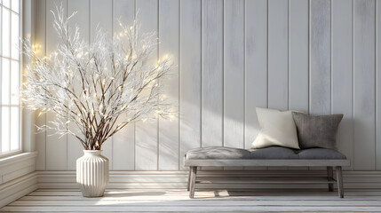 Subtle textures complement a modern hallway embellished with curated New Year decorations