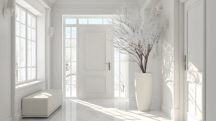 Balanced composition showcases a minimal hallway featuring refined New Year ornaments