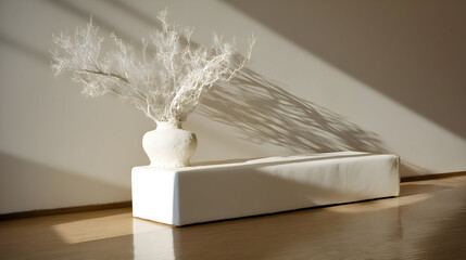 Balanced composition showcases a minimal hallway featuring refined New Year ornaments