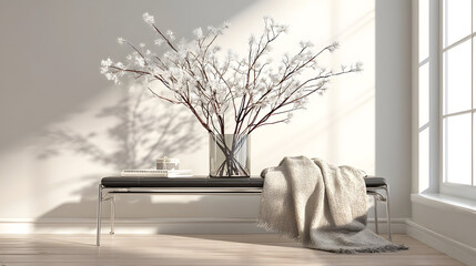 Balanced composition showcases a minimal hallway featuring refined New Year ornaments