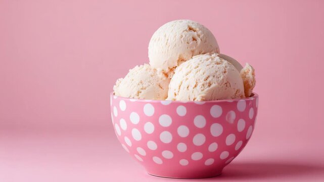 Vanilla Ice Cream Scoops in Pink Polka Dot Bowl on a Pale Pink Background Soft Lighting Yummy Dessert Concept Delicious Indulgence Refreshing Treat Sweet Food Photography