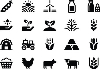 Obraz premium Collection of agricultural icons representing farming food production and rural life including crops livestock and machinery on a white background