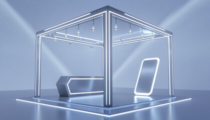 Modern exhibition stand with lighting ready for trade show displays, sleek, professional and innovative design for product showcasing and marketing events