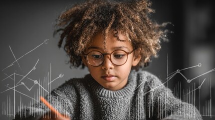 A child wearing glasses and holding a pen while engaged in child investment tracker visual chart analysis concept