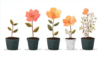 photograph of a flower growing in pots, from seed to bloom, vector illustration on a white background
