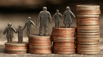 Family of four joyfully positioned on a tower of coins representing educational costs and financial wellness concepts