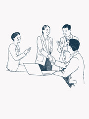 Hand drawn black and white illustration of business people discussing work, vector