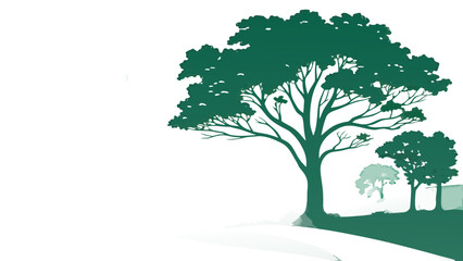 Green Silhouette of Large Tree and Landscape on Hill,  A green silhouette illustration of a large, leafy tree on a hill with smaller trees in the background, set against a white sky.